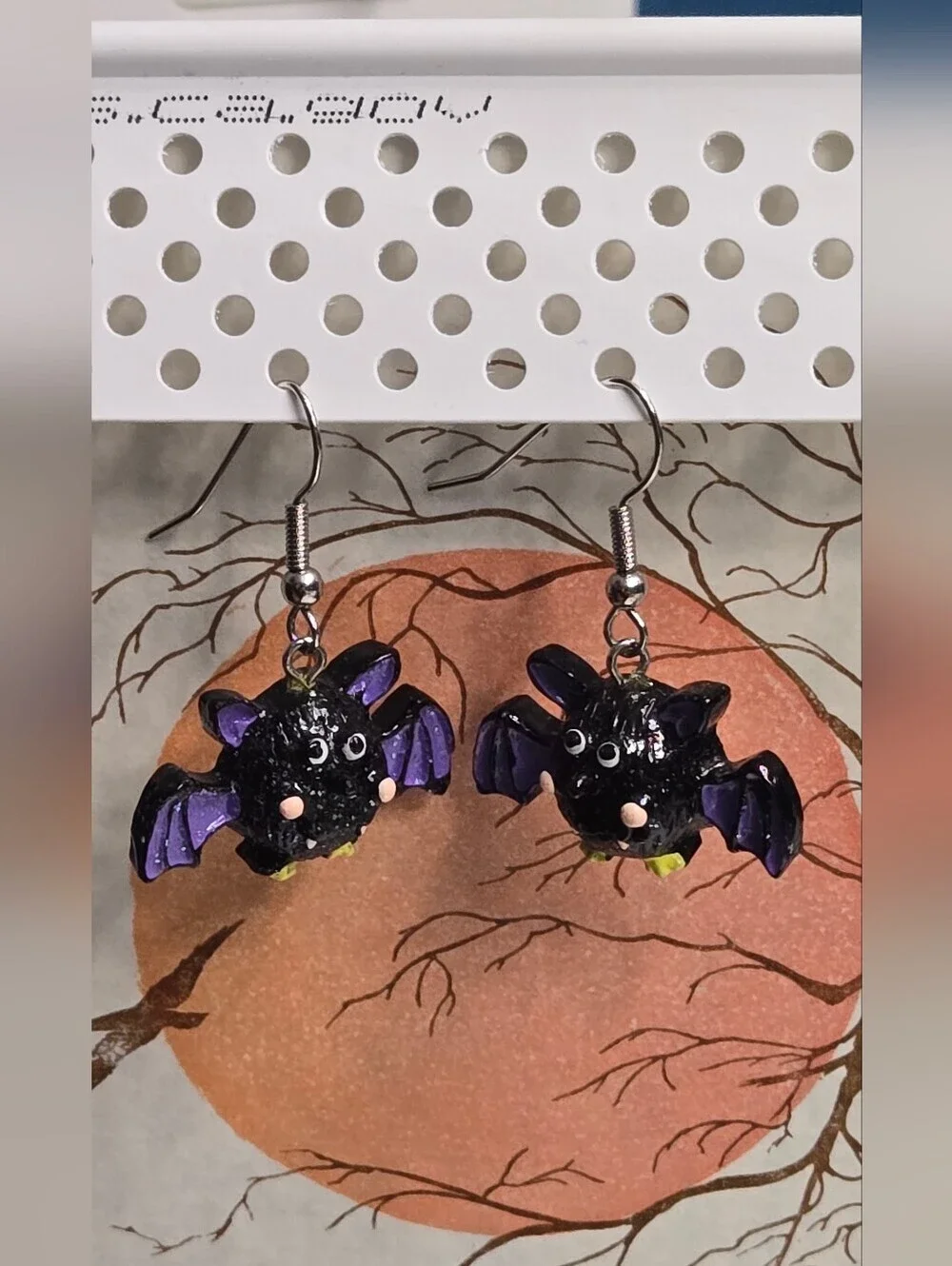 Whimsical Black & Purple Bat Dangle Earrings
